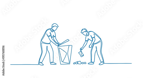 Two men are depicted cleaning up litter and discarding waste into a receptacle high quality professional