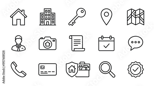 Set of 15 Black Line Real Estate and Property Vector Icons