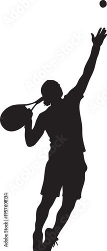 Tennis player serving ball in action