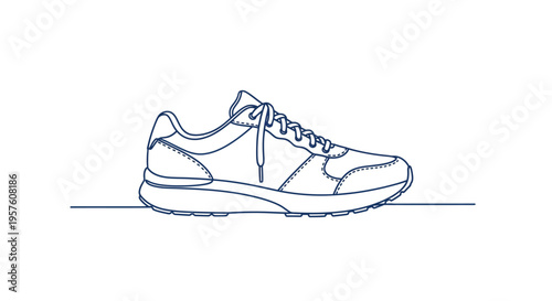 A minimalist line drawing depicts a single athletic sneaker resting on a surface high quality professional