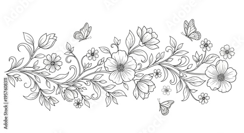 Elegant Hand-Drawn Floral Branch with Butterflies Line Art.