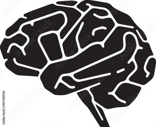 Stylized black and white illustration of a human brain