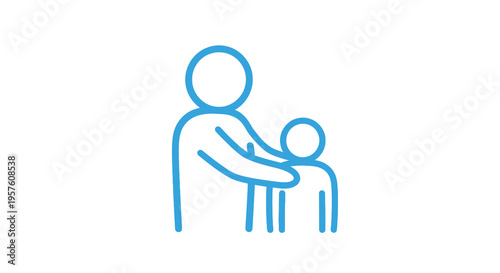 A simple blue line drawing depicts a parent embracing a child with affection high quality professional
