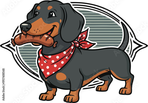 Cute cartoon dachshund holding a sausage in its mouth with wiener dog
