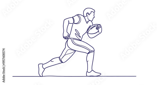 A continuous line drawing depicts a football player sprinting with the ball high quality professional detailed