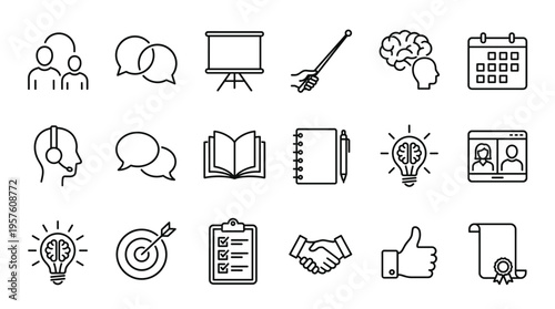 Set of 18 Black Line Business and Education Icons Vector