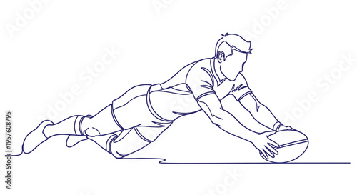 A continuous line drawing depicts a rugby player diving to score a try high quality professional