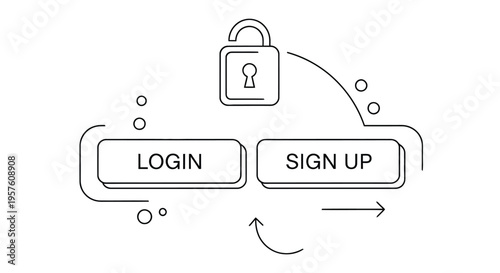 Security concept with a padlock login and sign up buttons in a line art style