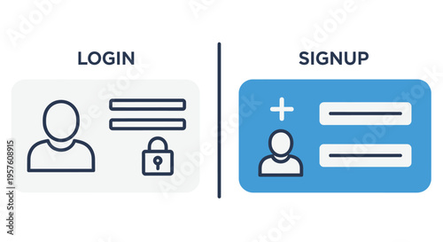 Login and signup interface with user icons and form fields displayed