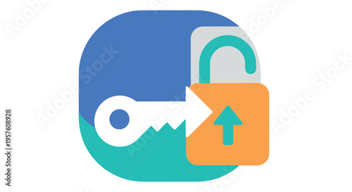 Security icon featuring an unlocked padlock with a key and upward arrow