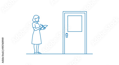 A healthcare worker in a blue line art style takes notes near a doorway high quality
