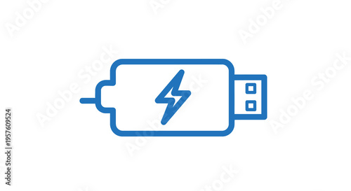 A blue icon depicting a battery with a lightning bolt and usb connector high quality professional