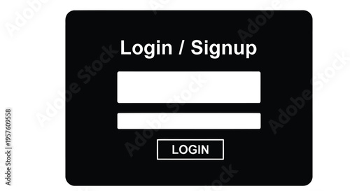 Black login signup interface with a white text and button on a white background
