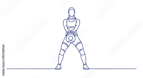 A woman performs a kettlebell squat exercise depicted with a minimalist continuous line drawing style