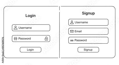 Wireframe of a login and signup form with username email and password fields