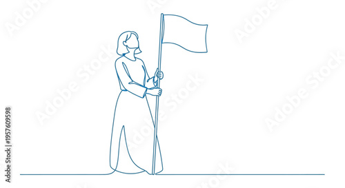A continuous line drawing depicts a woman holding a waving flag symbolizing hope and freedom