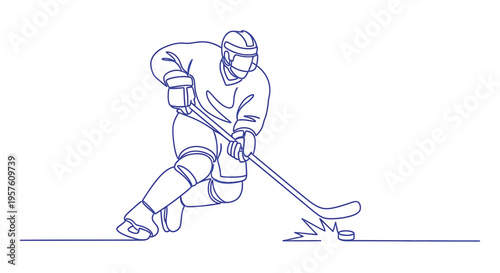 A continuous line drawing depicts a hockey player in action stick extended high quality professional detailed