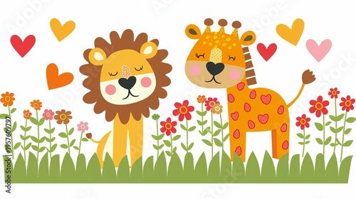 Joyful cartoon lion and giraffe in a vibrant floral garden surrounded by floating hearts