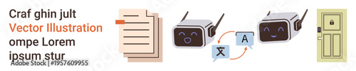 Language translation, AI assistance, communication tech, document analysis, secure access. File and document illustration, translation robots, locked door. Language translation and AI assistance