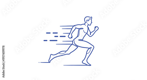 A minimalist line drawing depicts a man in mid stride representing running or speed high quality professional