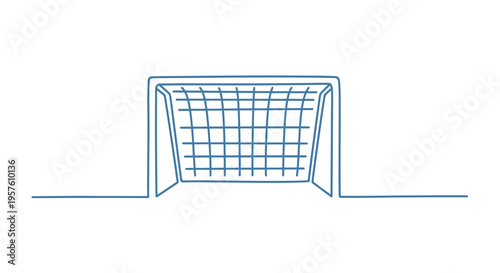 A simple line drawing depicts a soccer goal with netting set on grass high quality professional