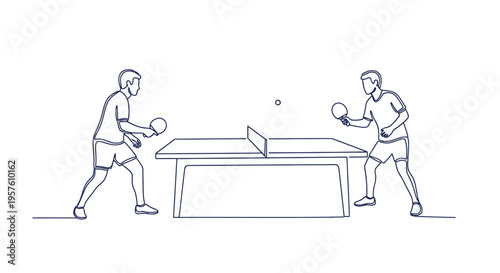 Two men engaged in a game of table tennis depicted in a single continuous line