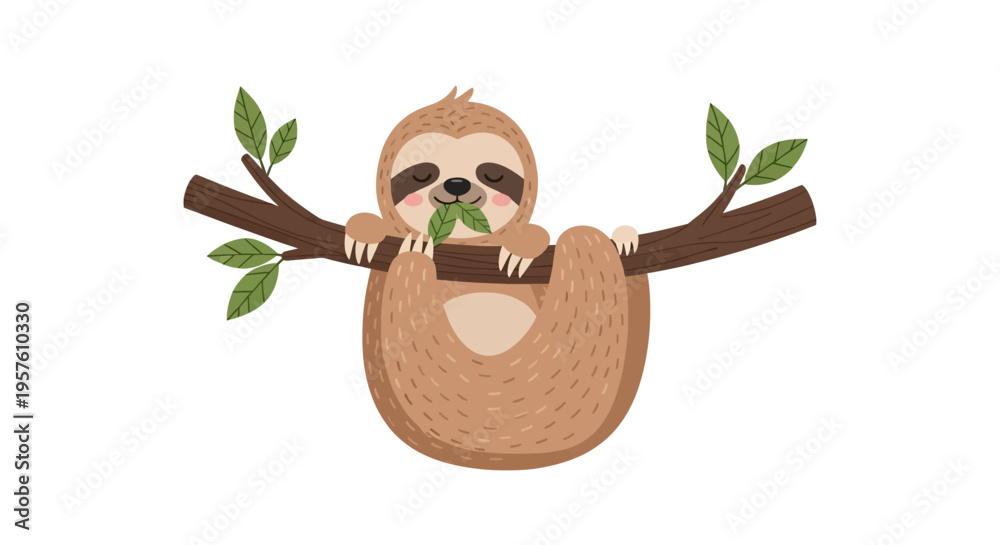 Fototapeta premium A cute cartoon sloth hangs from a tree branch eating a leaf peacefully.