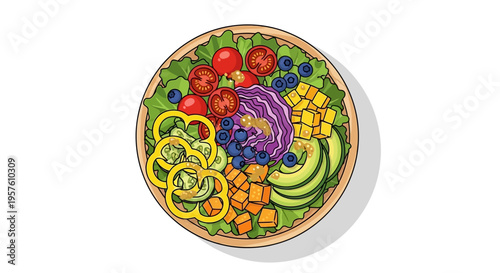 Vibrant salad bowl filled with fresh vegetables fruits and greens from above view