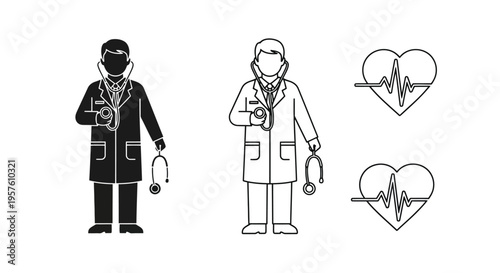 Doctor silhouettes with stethoscope and electrocardiogram heart rate icons