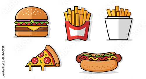 A vibrant illustration of a hamburger, pizza slice, hot dog, french fries, and snacks on a white background.