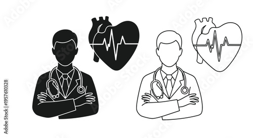 Medical icons depicting doctors with heart and electrocardiogram symbols