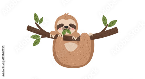 A cute cartoon sloth hangs from a tree branch eating a leaf peacefully.