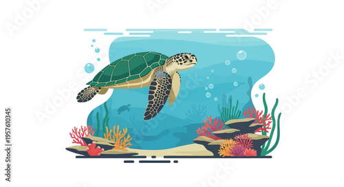 A sea turtle swims through a vibrant underwater scene with coral reef and ocean life.