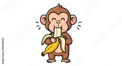A monkey happily eating a peeled banana standing alone
