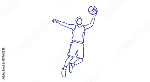 A minimalist blue line drawing depicts a basketball player mid air preparing to shoot high quality professional