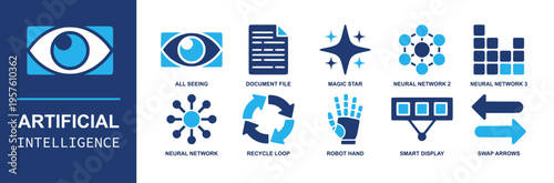 Artificial intelligence icon set. Containing eye, file, magic star, neural network, robot hand, smart display, swap arrows, recycle loop, network nodes and more. Solid fill vector icons.
