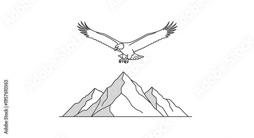 An eagle soars over a rugged mountain range in a serene natural landscape.
