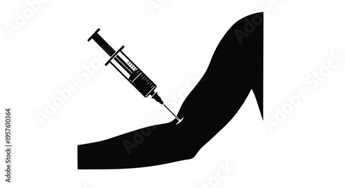 A black silhouette of a high heel pierced by a syringe