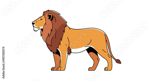 A majestic lion stands proudly in a savannah environment.