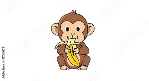 A cute monkey happily eating a banana sitting down on the ground.