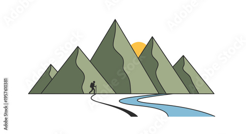 Hiker walks along winding river path with majestic mountains and sunrise in background.