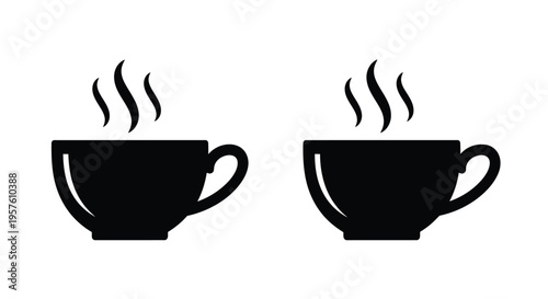 Two black coffee cups with rising steam simple vector illustration