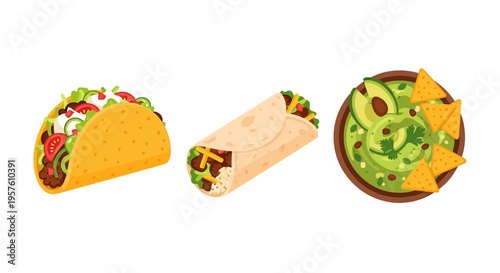 Illustration of taco, burrito, and nachos on a white background with food items.