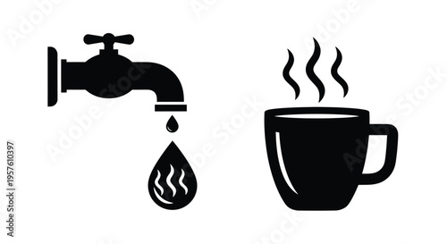 Black silhouette of a faucet dripping into a cup with steam