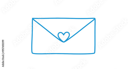 A simple hand drawn illustration of a blue envelope with a heart shape on the front