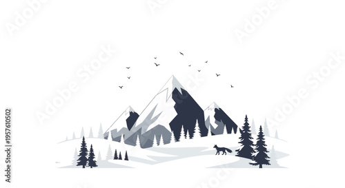 Snowy mountain landscape with wolf and trees under flying birds in winter