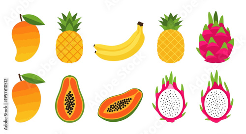 Vibrant illustrations of exotic fruits on white background including mango and pineapple