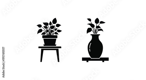Two potted plants in black and white displayed on stands or platforms
