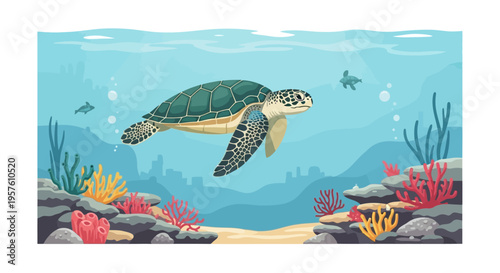 A sea turtle swims through coral reef with colorful fish and seaweed underwater.