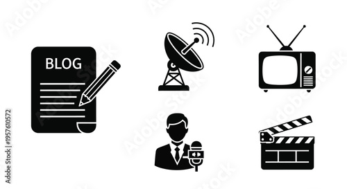 Media icons depicting blogging broadcasting and film production